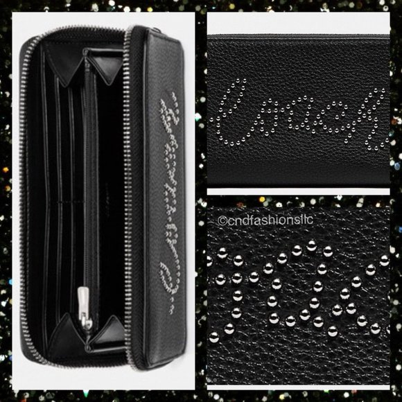 COACH BLACK LEATHER Accordion Zip Wallet w/Studded Coach Script + TISSUE PAPER - Picture 3 of 16